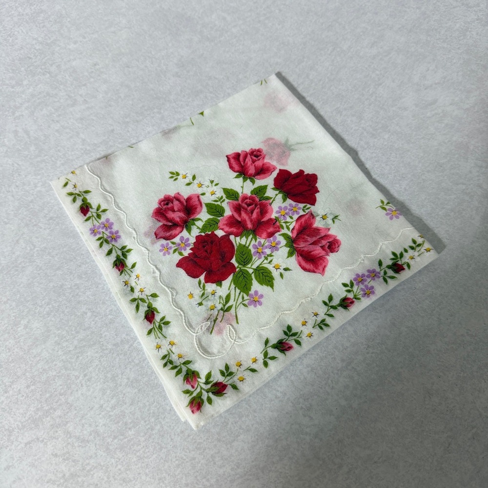 Vintage White Floral Handkerchief Red Pink Roses Scalloped Edge Pocket Square